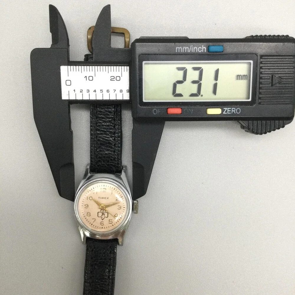 Vintage Timex Girls Scouts Watch 23mm Cream Dial Black Leather Manual Wind